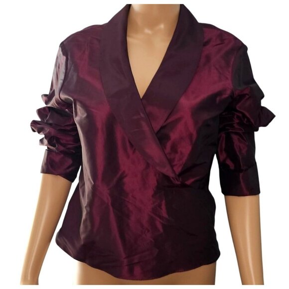 Twister Wrap-Style Satin Burgundy Blouse With Long Sleeves & Button Cuffs - Picture 1 of 9